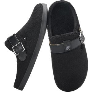 Hsyooes Womens Cozy Fuzzy Slippers Mens Arch Support House Slippers Adjustable Orthopedic Non-Slip Plush Fleece Lined Home Bedroom Shoes, Black, 10 Women/ 9 Men, EU 42