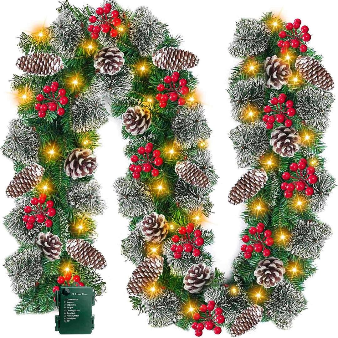Timer 8 Modes - 9 Ft by 10 Inch Prelit Christmas Garland with 50 Warm Lights Thick 270 Snowy Bristle Pine 10 Pinecone 70 Berry Battery Operated Xmas Decor Mantle Stairs Porch Front Door Indoor Outdoor