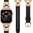 Minyee Slim Leather Band Compatible with Apple Watch Bands 38/40/41/42/44/45/46/49mm Women, Dressy Thin Soft Leather Strap with Tapered Metal Buckle for iWatch Series 11 10 9 8 7 6 5 4 SE/Ultra 3 2 1 (Black/Rose Gold)