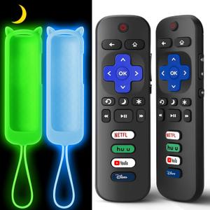 (2+2 Packs) Replacement Remote Control for Roku TV with Silicone Cover, Universal Remote for TCL/Hisense/Onn/Westinghouse/Philips Roku Smart TVs (Not for Roku Stick/Box) (2Remote+Glow Blue Cover+Glow Green Cover)