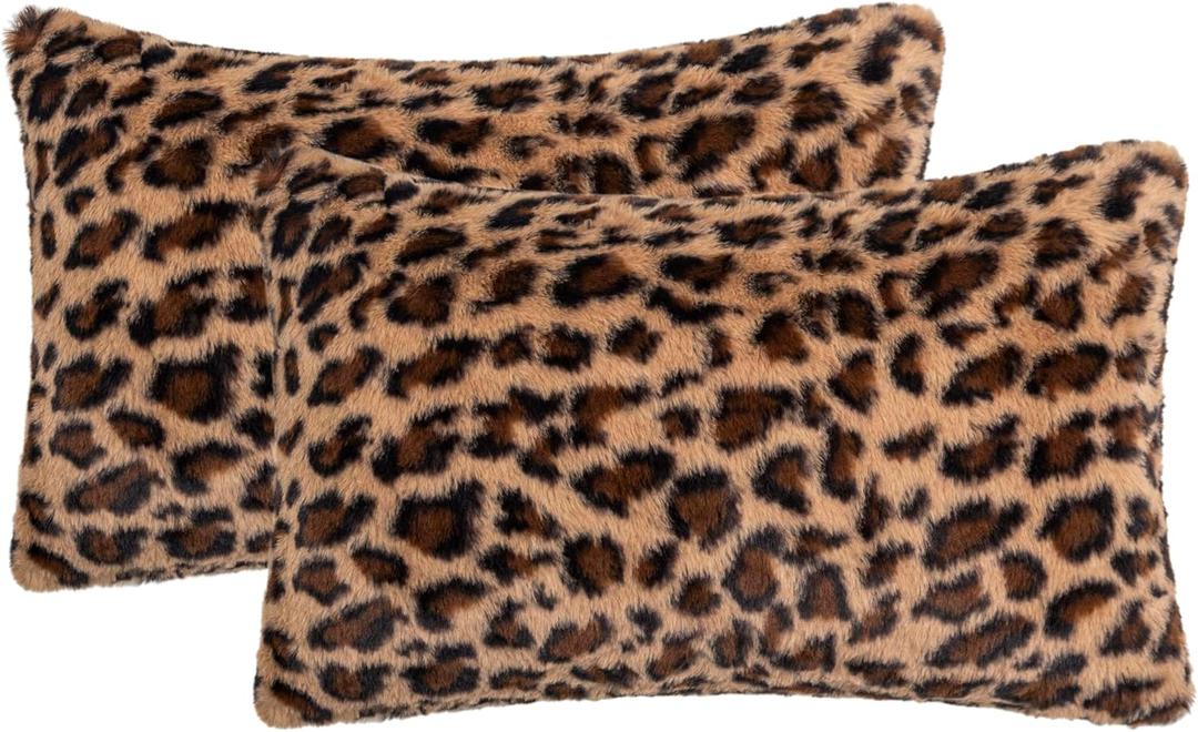 Leopard Print Faux Fur Throw Pillow Covers, 12x20 Inch, Set of 2, Soft Plush Animal Print Decorative Lumbar Cushion Cases for Sofa Bed Chair | Safari-Inspired Decor in Warm Terracotta Brown