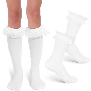 2pairs Cute Bow Lace Stockings for Women and Girls Comfortable Elastic Socks for Costumes Daily Wear and Festivals Bow Lace Trim