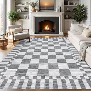 Garvee Grey Checkered Rug 5x7 Non-Slip Washable Area Rug for Living Room Bedroom Dining Room, Soft Low-Pile, Modern Farmhouse Geometric Design