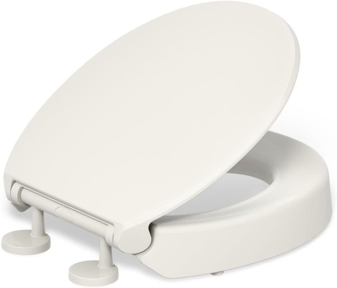 KOHLER 25876-96 Hyten 3" Height, Elevated Soft Close Round Toilet Seat, Contoured Seat with Grip-Tight Bumpers, Quick-Attach Hardware, Biscuit