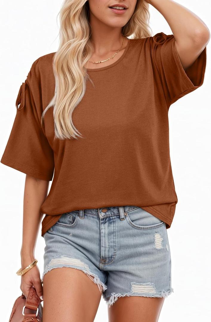 Dokotoo Women's Casual Summer Tops Crew Neck Short Sleeve Drawstring T Shirts Basic Tee Tunic Blouses (Brown, XXL)