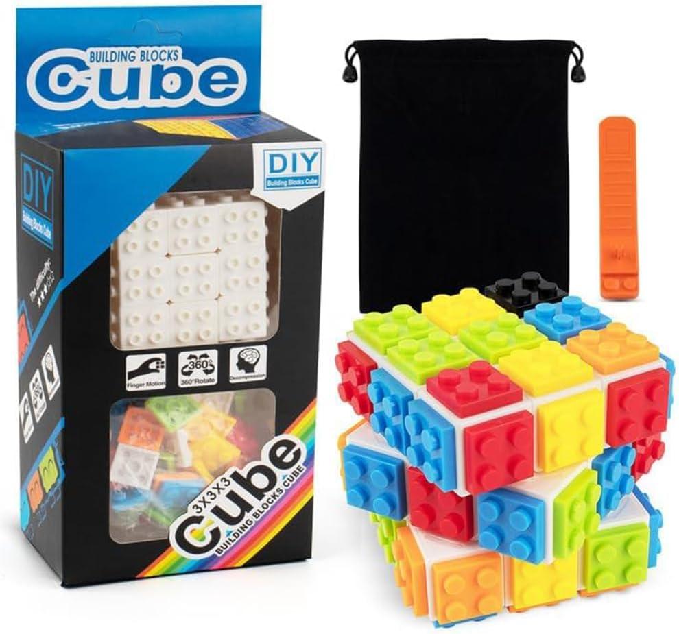 D-FantiX Building Brick Blocks 3x3x3 Speed Cube Toy, Build-On Brick 3D Magic Cube, Handheld Brain Teaser Puzzles Gift Ideas, Puzzle Building Cube Game for Kids Adults (Included Brick Separator)