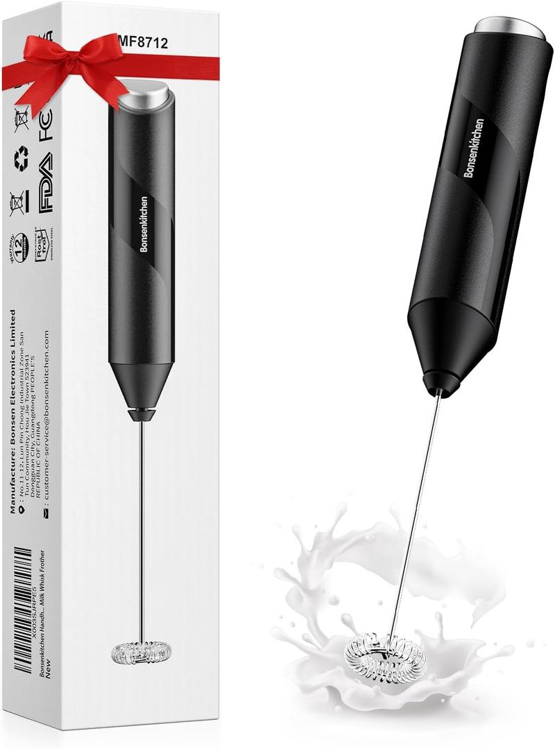 Bonsenkitchen Milk Frother Wand - Powerful Handheld Milk Frother with Stainless Steel Whisk - Battery-Powered Drink Mixer for Coffee, Lattes, Cappuccinos, Matcha