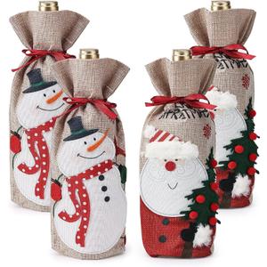 Mr. Pen- Christmas Wine Bottle Bags, 13" x 5.5", 4 Pack, Burlap Wine Bottle Covers with Drawstring, Reusable Holiday Gift Bags for Christmas Parties, Host Gifts, Dinner Gifts & Festive Table Dcor