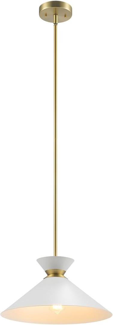 Globe Electric 1-Light Pendant Light, Matte Brass Finish, White Tapered Metal Shade with Ring Detail, Adjustable Rods, Dimmable, E26 Base, 67000197, 14x14x60 inches