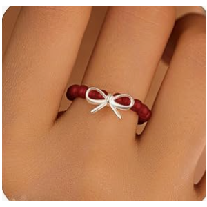 925 Sterling Silver Dainty Bow Knot Beads Ring for Women Mom with Pearl Black Red Agate Cute Jewelry to Daugther Elastic Adjustable Stacking Elegant Trendy Finger White Bow Ring Wedding Christmas Gift