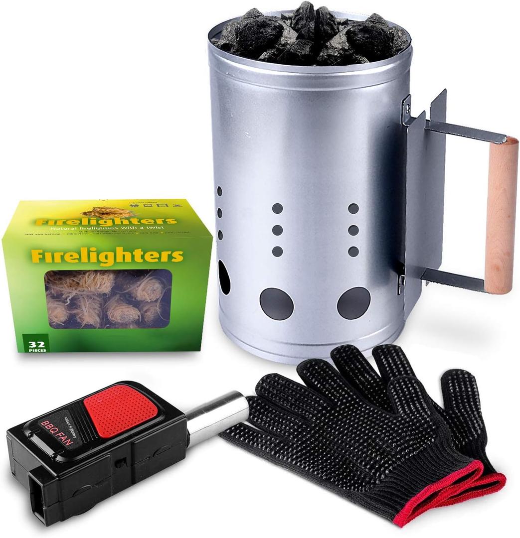 homenote Rapid Charcoal Chimney Starter Set Fireplace Accessories Lighter Cubes BBQ Heat Resistant Gloves Blower BBQ Tools11.5" x 7" x 7"