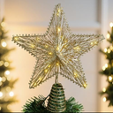 Christmas Tree Topper Star 12 Inch Gold Glitter Hollow Star Tree Topper Metal with Warm White 30 LED Lights for Xmas Decorations Ornaments Indoor Decor Holiday Party