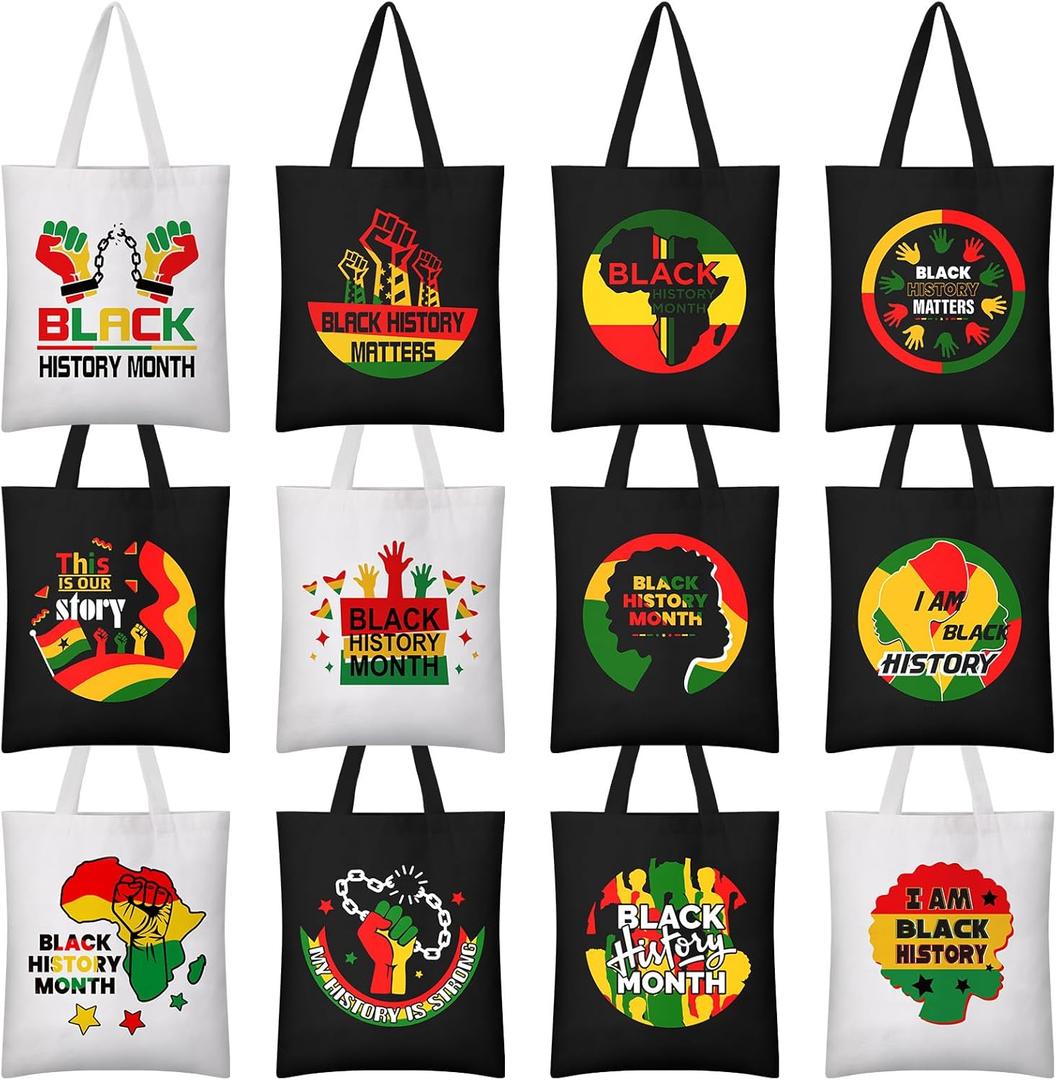 Hillban 12 Pcs Canvas Tote Bags Large 14 x 16in African American Reusable Gifts Bags African Gifts for Women Female Supplies