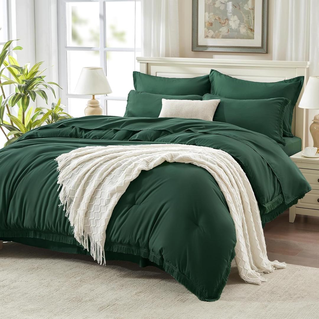 Andency Oversized King Comforter Set Dark Emerald Green 120x98-7 Piece Boho Tassel Bed in a Bag Soft Lightweight Bedding Set, Fringe All Season Bed Set with Comforter, Sheets, Pillowcases & Shams