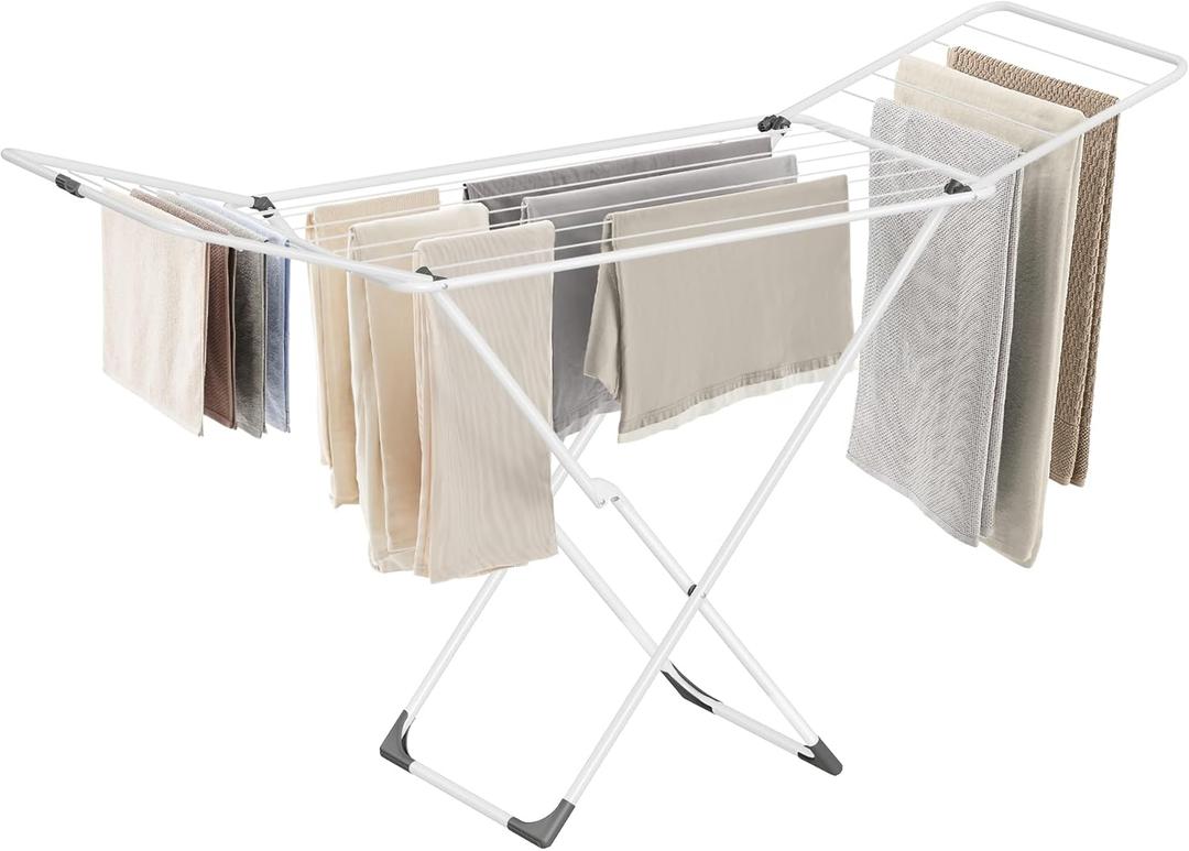 SONGMICS Clothes Drying Rack, Metal Laundry Drying Rack, Foldable, Space-Saving, Free-Standing Airer, with 2 Gullwings, Indoor Outdoor Use, Bed Linen Clothing, White ULLR540W01 (White)