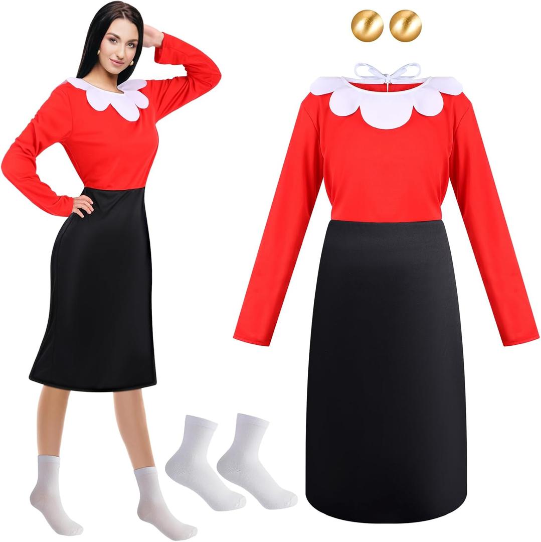 3 Pack Olive Oil Costumes Women's Large Cosplay Costume for Adult Red Black Long Sleeve Dress Earrings White Socks