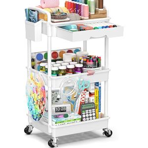 3 Tier Rolling Cart with Drawer, Bathroom Storage Organizer with 2 Lockable Wheels, Multifunctional Rolling Storage Cart for Bathroom, Kitchen, Office, Craft, Makeup, Baby Essentials, White