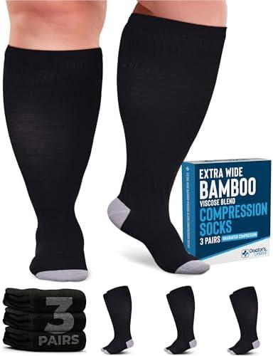Doctor's Select 3 Pairs Plus Size Compression Socks Wide Calf | Bamboo Viscose Knee High Extra Wide Calf Compression Socks Women & Men | Black, XL