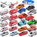 24 Pack Mini Car Toys for Toddlers 1-3, Toy Cars Bulk Goodie Bags Fillers Party Favors for Kids 3-5, Play Truck Car Toys Fire Trucks Ambulance Police Helicopter Toy Birthday Gift