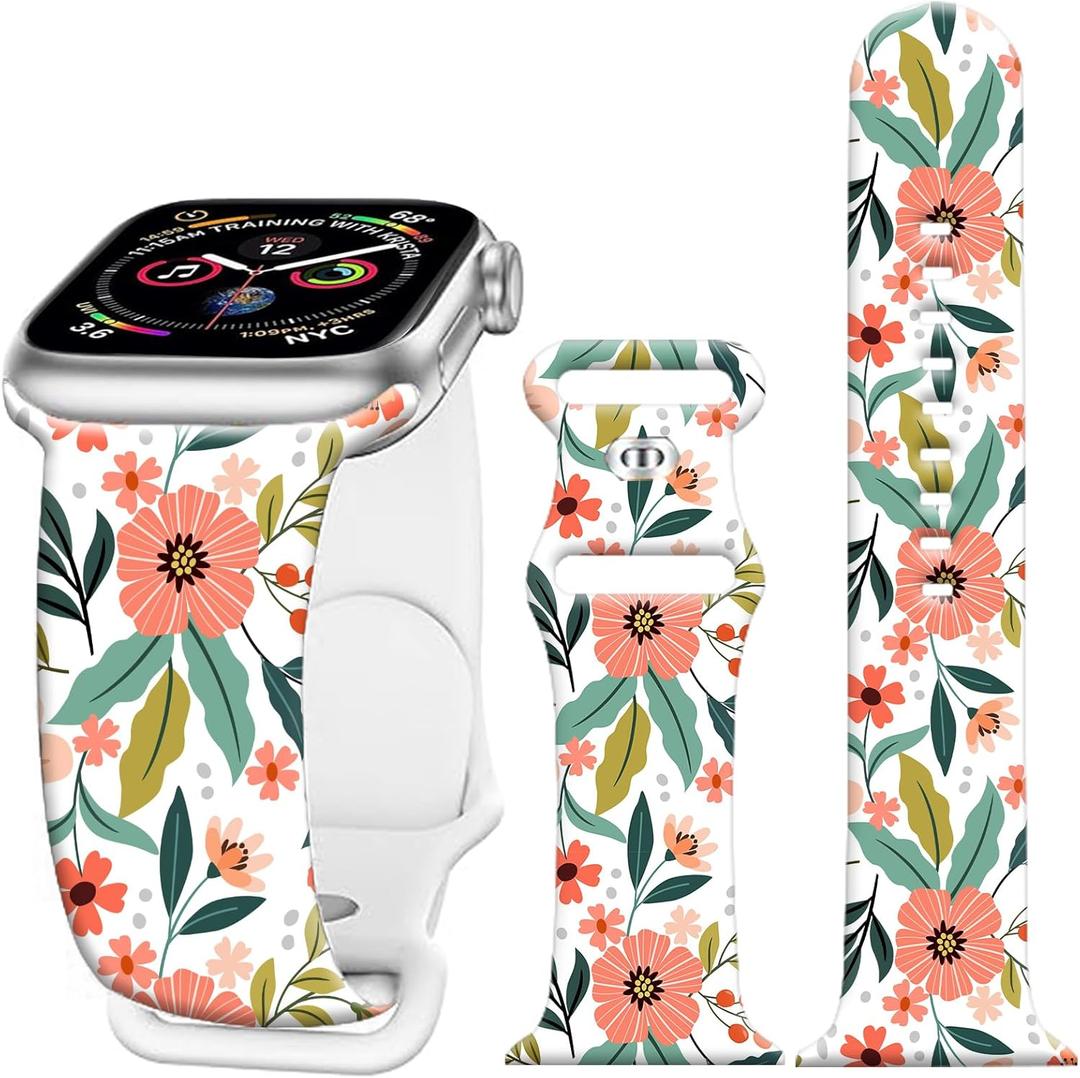 2 x Silicone Watch Bands Compatible with iWatch 38mm 40mm 41mm 42mm 44mm 45mm for Women Men,Replacement Sport Wristbands for iWatch Series 8 7 6 5 4 3 2 1 (Colorful Hand Flowers)