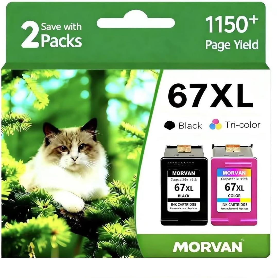 MORVAN Remanufactured 67XL Ink Cartridge Replacement for HP 67XL Black & Color 2-Pack,High Yield,Compatible with DeskJet 2755e 2700 2752 2855e 2800 2742e 4155e 4255e 4100 Envy 6055 6055e 6455e Printer
