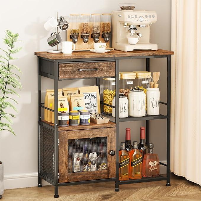 SWTYMIKI Coffee Bar Cabinet for Home Farmhouse Coffee Stand Station MultiPurpose Buffet Sideboard Cabinet with Drawers Kitchen Bar Table for Living Room, Corner, Small Space, Espresso, 11.81"D x 27.95"W x 31.5"H