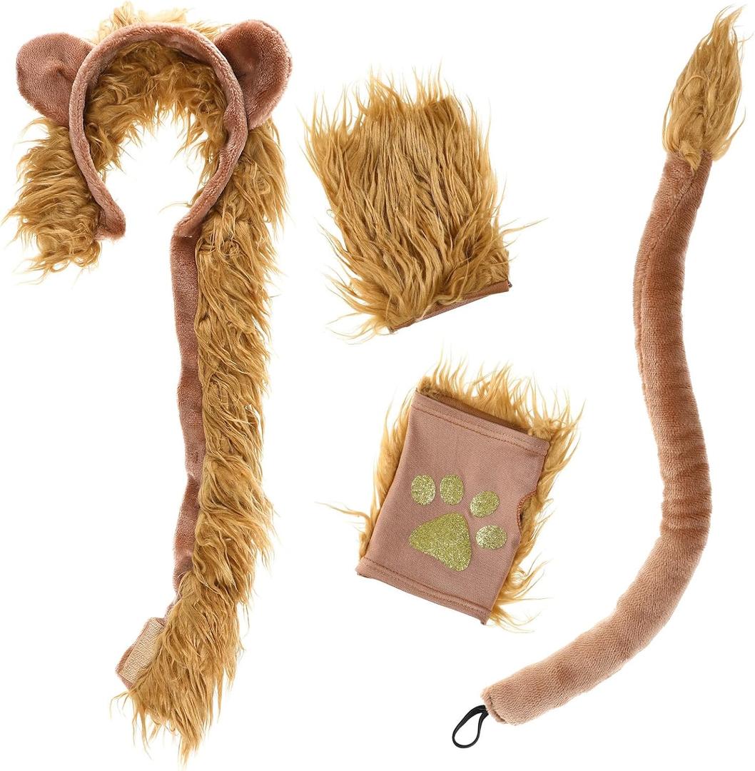 4Pcs Lion Costume Accessories Set Lion Headgear Ears Plush Tail and Paw Gloves Animal Costume for Halloween Christmas Cosplay Costume Party Dress Up Performance