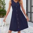 Women's Casual Summer Dress Sleeveless V-Neck A-Line Midi Length Elastic Waist Flowy Boho Beach Dresses (Blue, L)