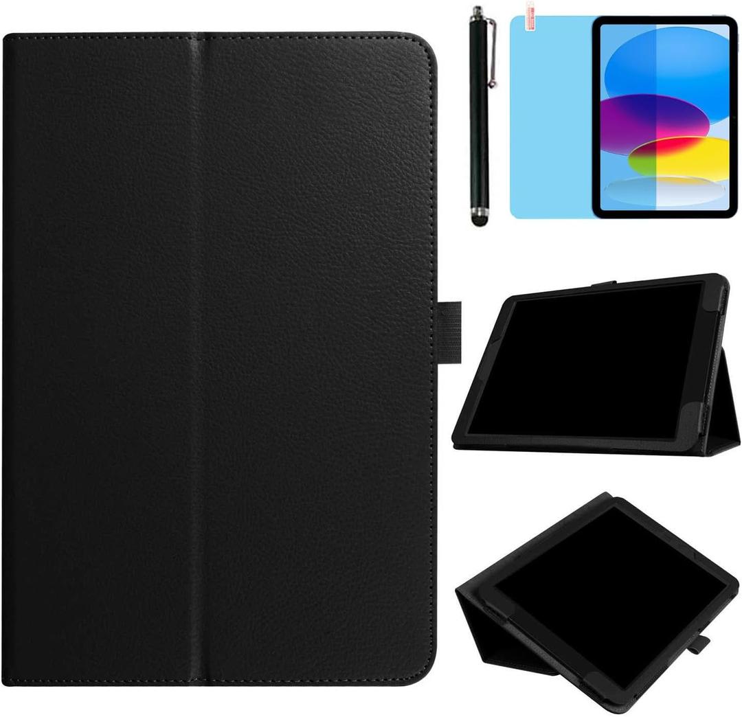 Case for iPad 10.9 inch 2022 (iPad 10th Generation Release A2696 A2757 A2777), Slim Leather Folding Stand Full Protective Cover Case,with Stylus Pen,Screen Film (Black)