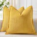 decorUhome Summer Corduroy Mustard Yellow Euro Sham Throw Pillow Covers 24x24 Set of 2 Decorative Soft Boho Farmhouse Couch Pillow Covers for Living Room Bed Sofa Broadside Striped Pillow Cases