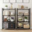 COKIHOM 4 Tier Foldable Storage Shelf, Large Capacity Metal Shelf Rack, Rolling Bookshelf with Wheels, Wire Shelf Organizer for Kitchen, Pantry, Office, Garage, Basement, Black