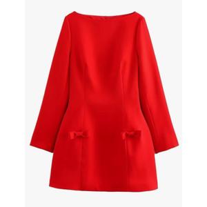 Women's French Style Slash Neck Bow Accent A Line Polyester Mini Dress with Back Zipper Medium