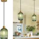 2 Pack Pendant Lights with Vintage Green Ribbed Glass Lampshade, Adjustable Brushed Gold Pendant Lights Fixtures for Kitchen Island Lighting Sink, Dining & Living Room Hallway (Bulbs Not Included)