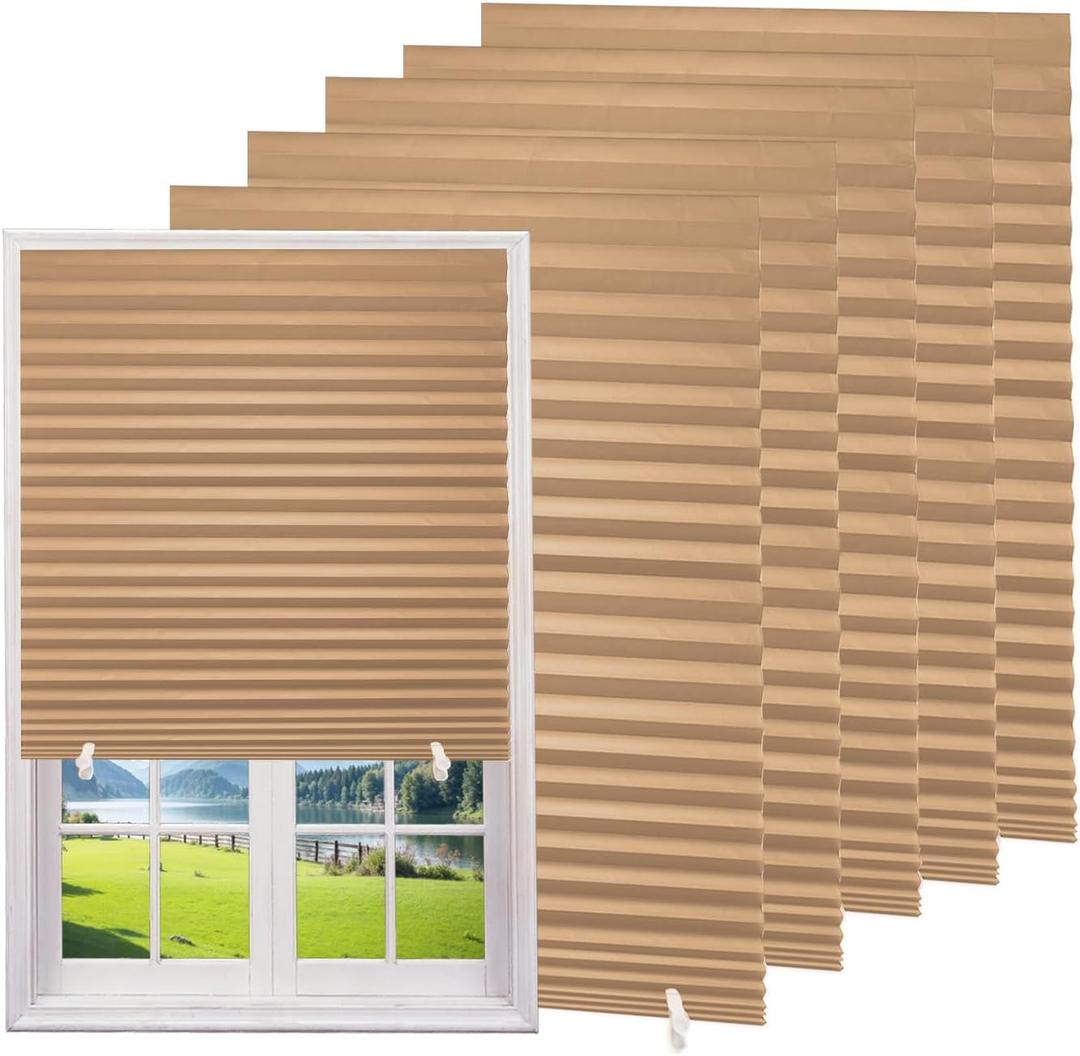 Changshade 6-Pack Temporary Light Filtering Paper Blinds for Window, Cut to Size Adhesive Paper Shades, Stick on Pleated Blinds,No Drill Easy Install,48" W x 72" H,Brown
