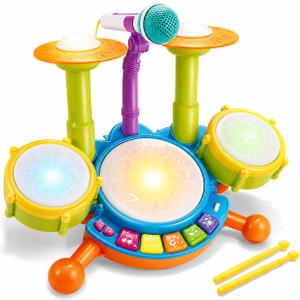 Toddler Drum Set for Toddlers 1-3, Baby Drum Set with Microphone & Lights, Kids Musical Instrument Toy for 1 2 3 Year Old Boys Girls, Birthday Gift, Toddler Music Toy