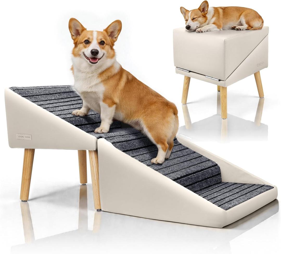 Dog Stairs for Small Medium Large Dogs, Cats, Puppies, Seniors & Injured Pets, 17" H 4-Step Foldable 2-in-1 Solid Wood Pet Steps & Split Ottoman, Non-Slip Dog Ramp for Couch Sofa Low Bed, Holds 250LBS