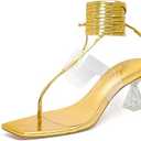 Heels for Women Square Open Toe Lace Up Thong Strappy Heel Sandals Sexy Tie Up Clear Chunky Heeled Sandals for Party Wedding. Size 10