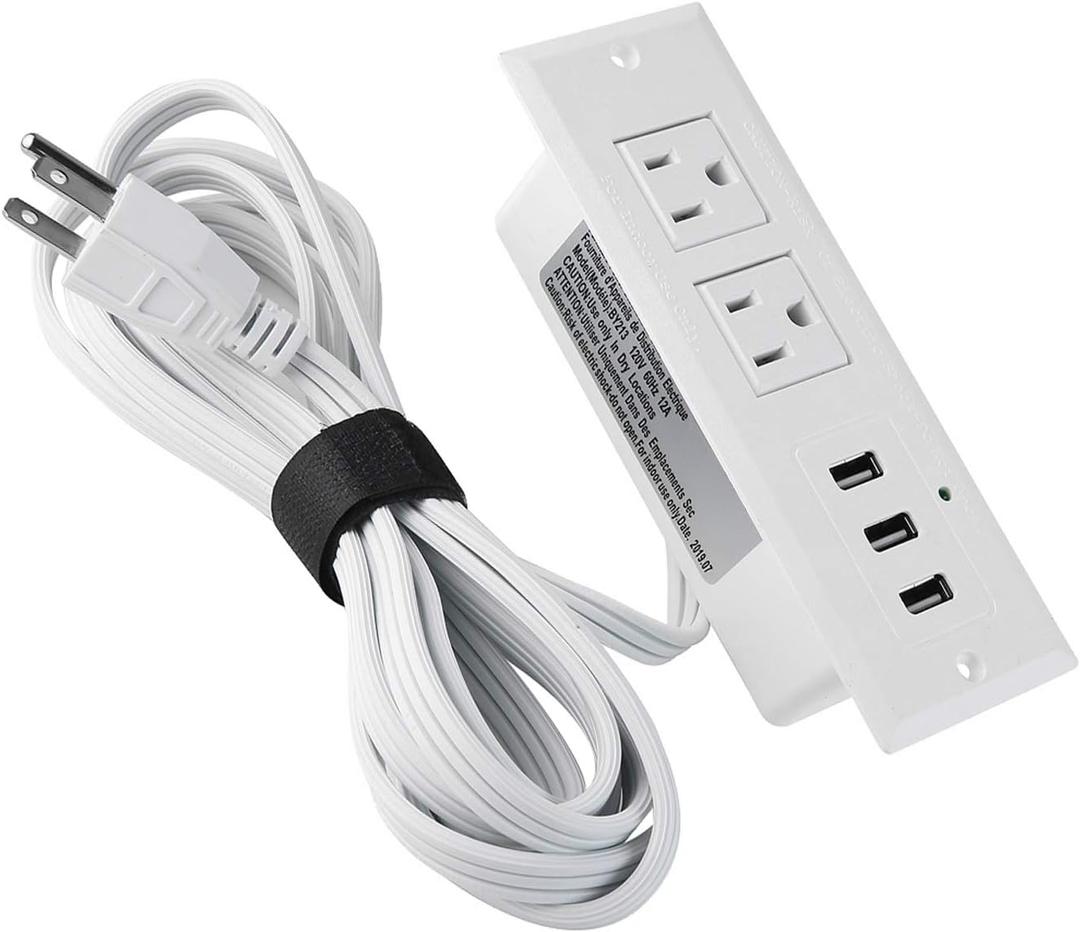 Recessed Desk Outlet, US Standard 125V 12A 2 USB Ports Recessed Power Strip for Home Appliance (White)