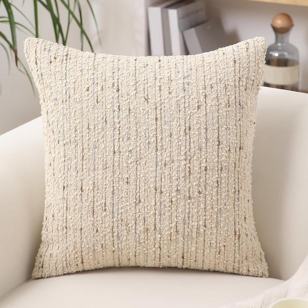 Textured Boucle Pillow Covers 18x18 Neutral Striped Throw Pillows Soft Modern Farmhouse Pillow Cases, 1pc Decorative Accent Square Couch Cushion Cover for Bed Sofa Chair, Cream Brulee