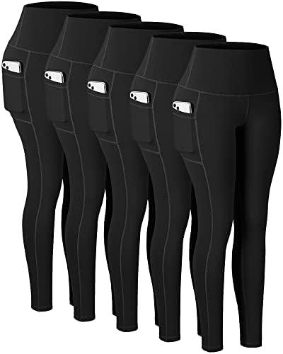 CHRLEISURE Leggings with Pockets for Women, High Waisted Tummy Control Workout Yoga Pants(5 Packs Black, S)