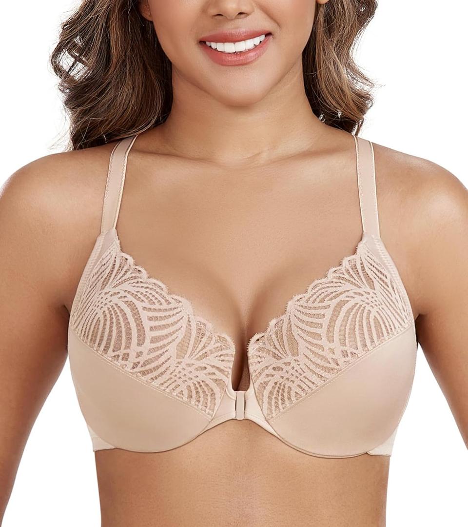 DotVol Women's Front Close Bra T Back Full Figure Underwire Plus Size Seamless Unlined Bra for Large Bust 36C