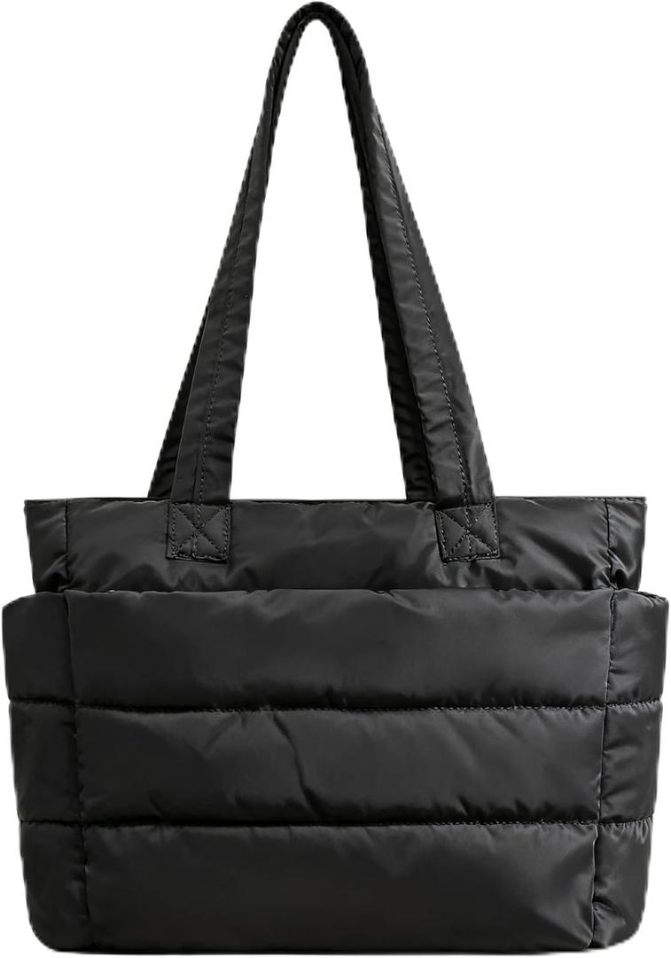 Tote Bag for Women, Puffer Quilted Handbag with Compartments Lightweight Puffy Shoulder Bag for Travel, Work, Gym (Small, Black)