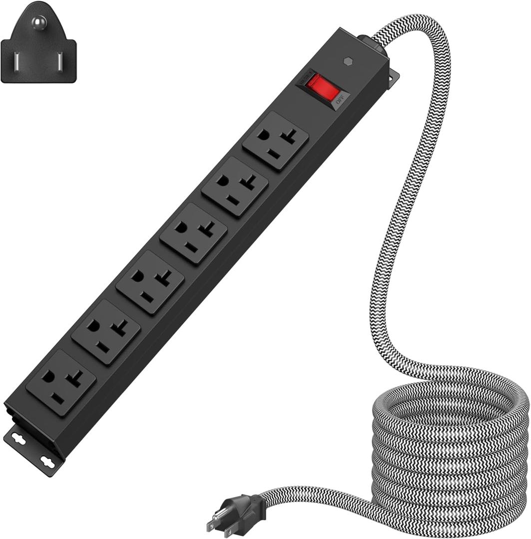 Heavy Duty Power Strip 20 amp Surge Protector, Wall mountable Power Strip, 12 Gauge Extension Cord 5-15P Adapter High Amp 6-20R T-Slot Industrial Outlet, for Garage, Workshop & Industrial