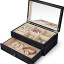 Meangood Jewelry Box Organizer for Women, 2 Layer Large Jewelry Storage Case, Rustic Wooden Jewelry Box with Mirror & Ring Tray for Necklace Earring Bracelets Rings, Vintage Style (Black)