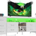 Huuger 63 Inch LED TV Stand Dresser with Power Outlets, USB-C Port and LED Lights, 10 Fabric Drawer Dresser for Bedroom, Long Entertainment Center for 65, 70 Inch TV, Open Shelves, PU Leather, White