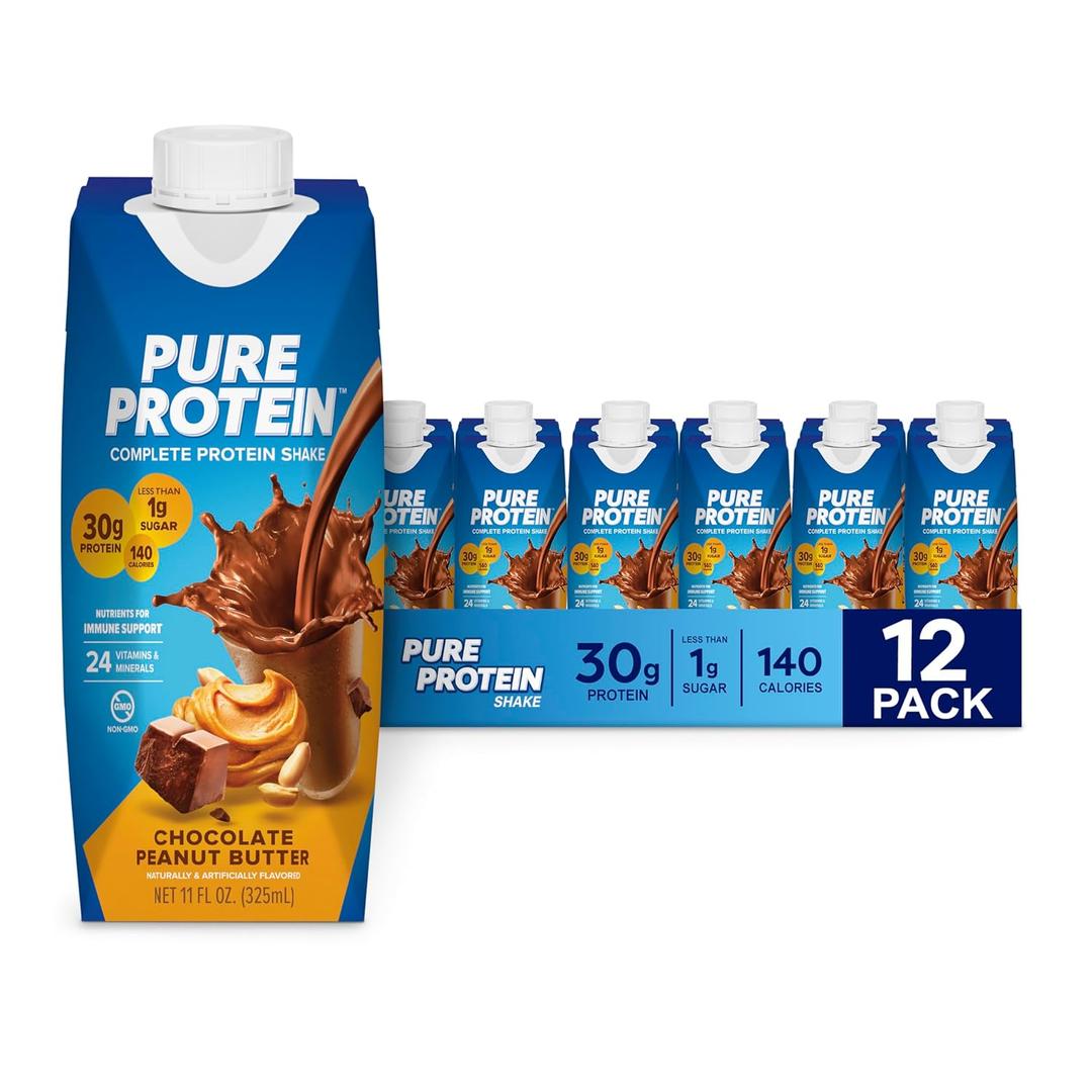 Pure Protein Complete Protein Shake, Chocolate Peanut Butter, 30g High Protein Drink, Less than 1g Sugar, 3g Fiber, Ready to Drink, Non GMO, On-the-Go Shakes, 11oz Bottles, 12 Pack (EXP 12/22/26)