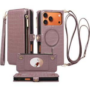 Crossbody Wallet Case for iPhone 17 Pro Max with Mirror, Wrist Strap, Zipper Purse Magnetic Flip, RFID Blocking Card Holder, Wireless Charging, PU Leather Shockproof 6.9" Women (Rose Gold)
