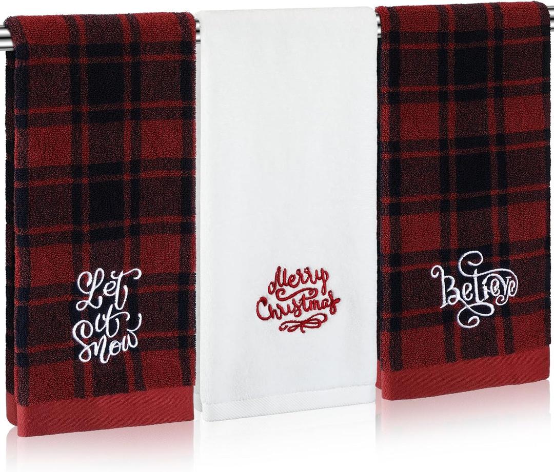 3 Pcs Christmas Farmhouse Hand Towels for Bathroom 14x29 Inch Red and Black Buffalo Check Plaid Rustic 100% Cotton Embroidered Kitchen Towels for Bath Dish Xmas Winter Gifts Decorations