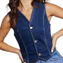 Sidefeel Women's Denim Vest Sleeveless V Neck Zimbaplatinum Jean Vest Top Button Down Crop Waistcoat Vest Summer Outfit (Small)