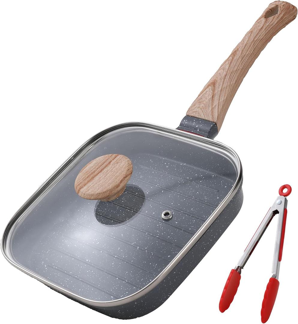 Grill Pan with Lid Non Stick Griddle Pan for Stove Top Indoor Cooking Steak Pan Square Aluminum Skillet Grilling Induction Compatible with Tong Gray 7.48 inches